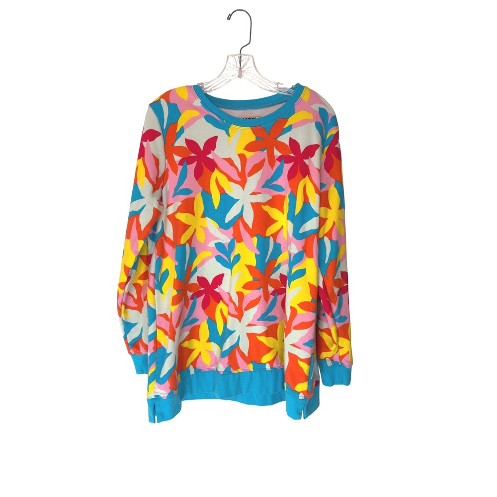 Lands' End Serious Sweats Crewneck Sweatshirt Blue Floral Casual Women's Large